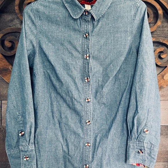 Denim Button-Up Shirt Gingham Plaid & Floral Detail - Picture 10 of 10